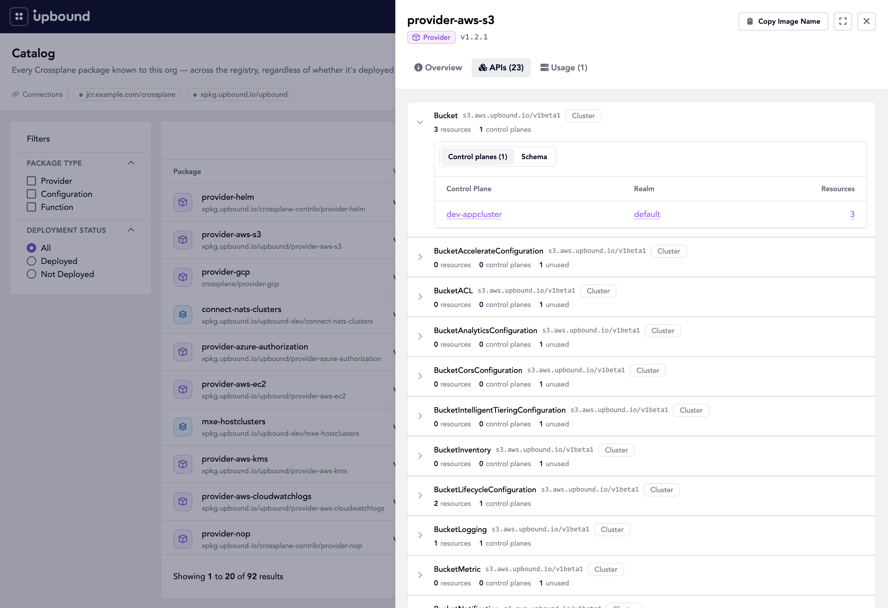 Package detail drawer showing the APIs tab with an expanded API