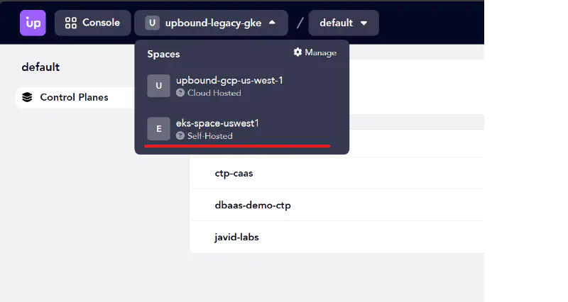 A screenshot of the Upbound Console space selector dropdown