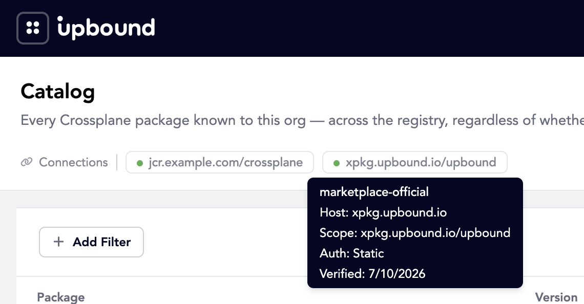 Registry connection badge with hover details